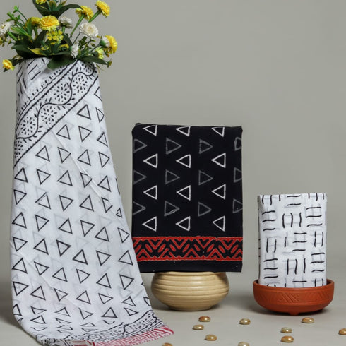 Geometric Hand Block Print Cotton Suit Set with Mulmul Dupatta (PRMUL16)